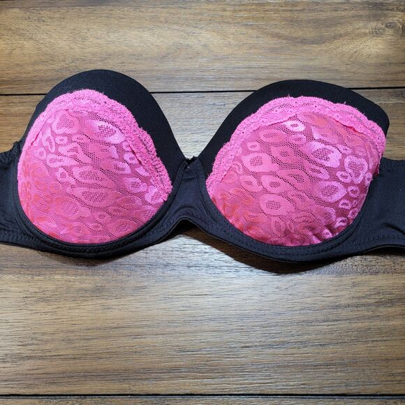 Black w/ Pink Lace Strapless Underwire Bra - Size 40C - Picture 2 of 7